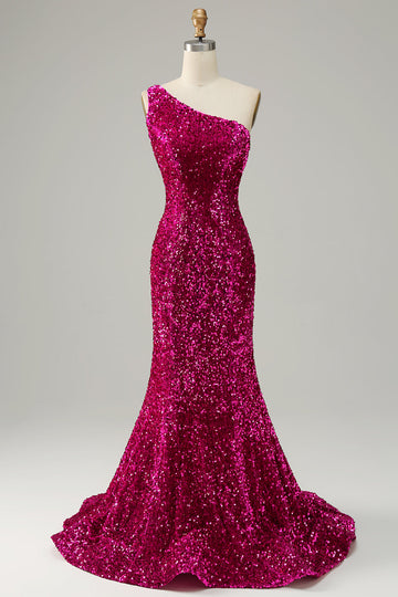 Fuchsia One Shoulder Sequin Mermaid Ball Dress with Sweep Train